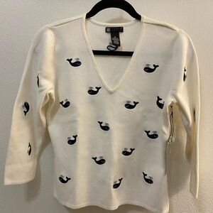 Carole Little Cream V-Neck Sweater with Whale Design